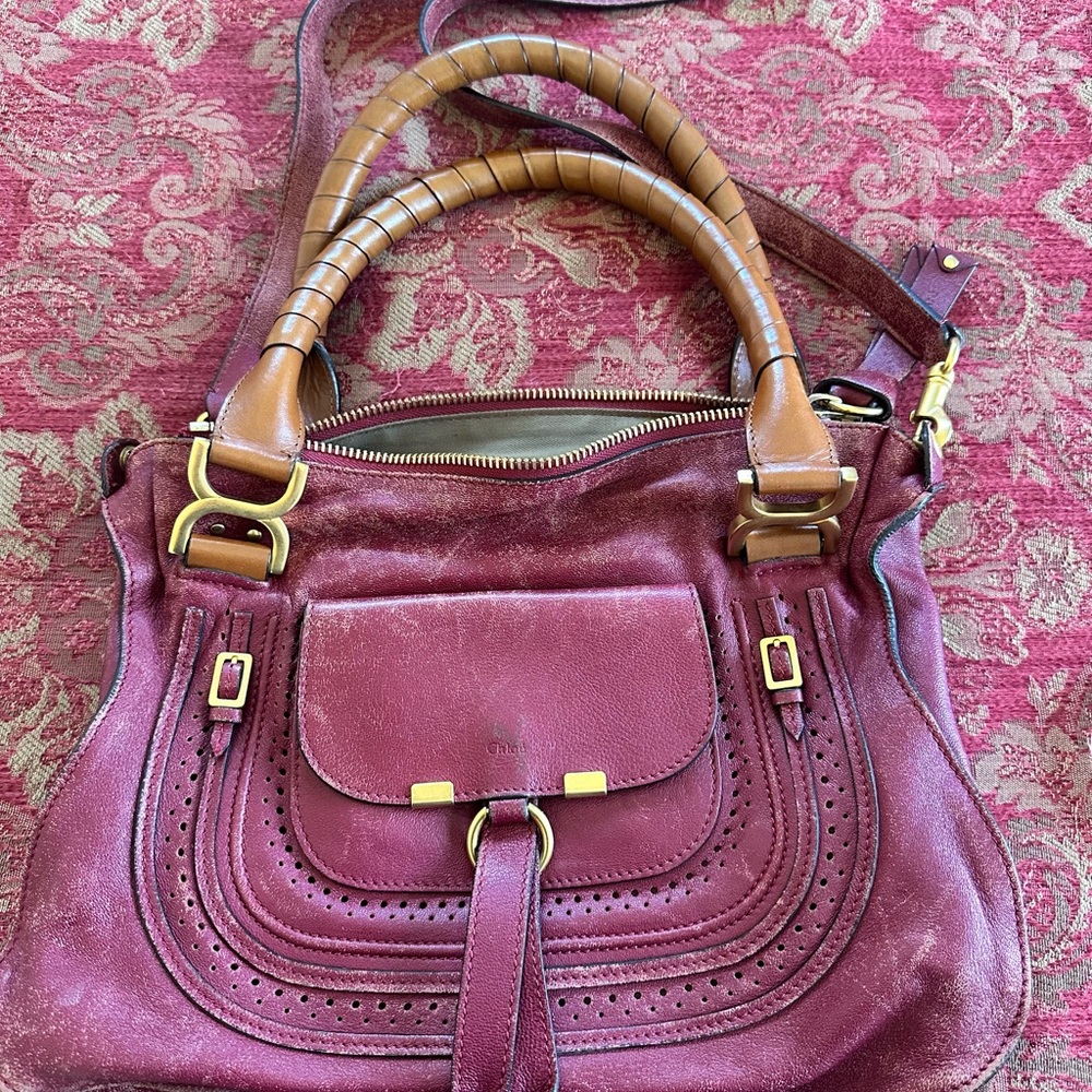 Chloe Marcie Burgundy distressed Leather Handbag with shoulder strap